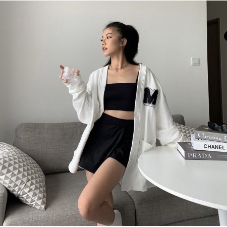 Áo Cardigan Nỉ Bông Form Rộng Thêu Logo M - Áo Khoác Nỉ Trơn Basic 2 Màu Đen Trắng AK006