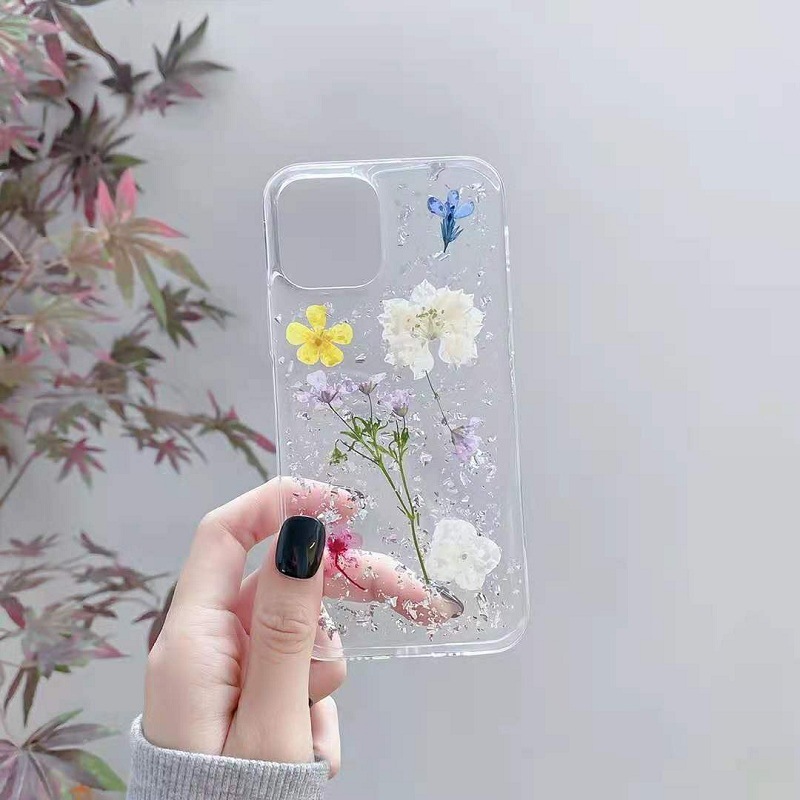 Real Dried Flowers Silver Foil Case For iPhone 12 11 Pro Max SE2020 XR XSMAX X 7 8 Plus Transparent Cover