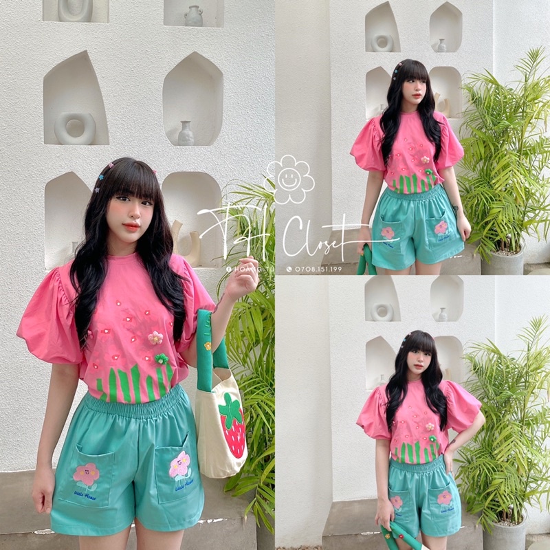 Set Áo Tay Phồng Quần Short Kaki Thun Thêu Hoa