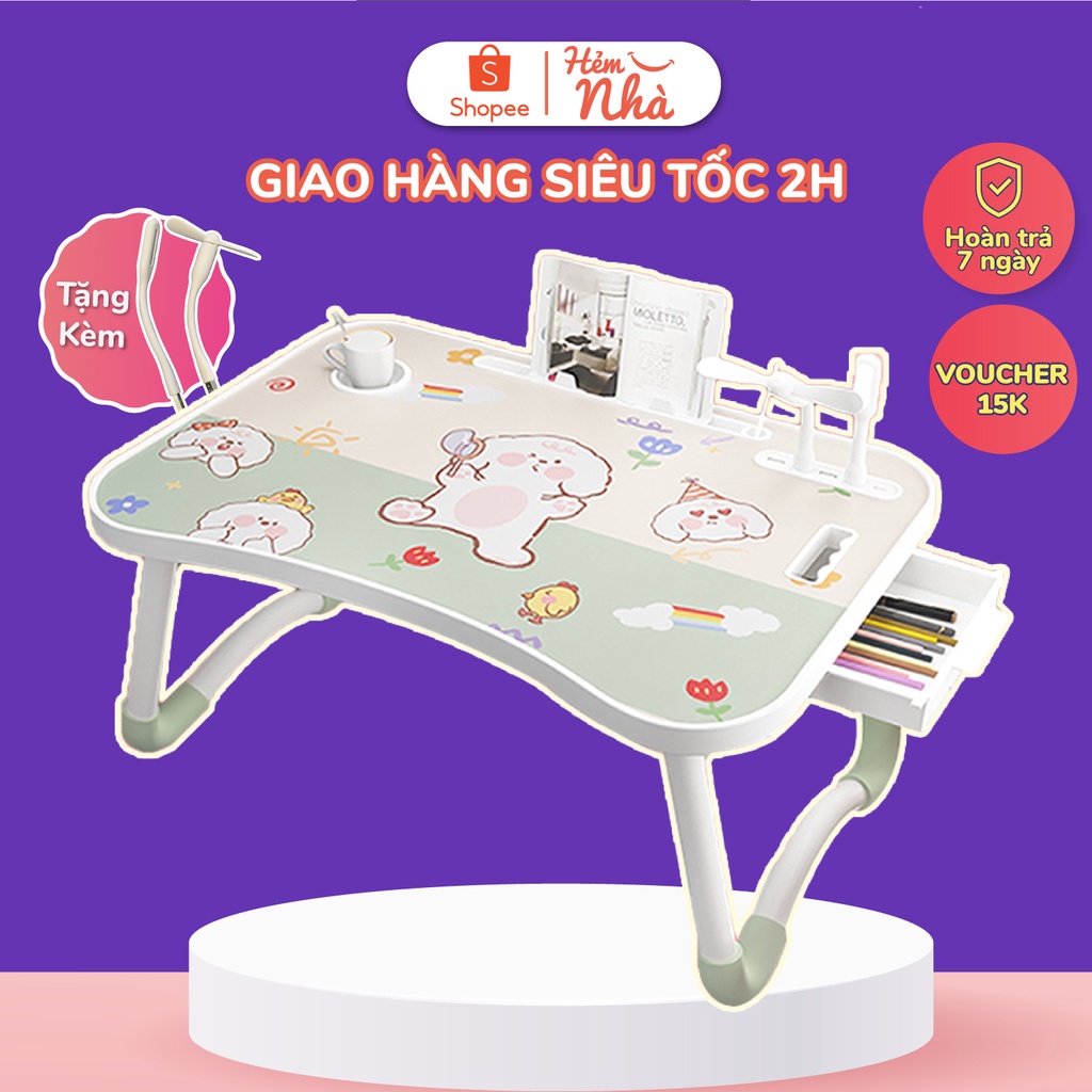 Bàn học gấp gọn thông minh - Bàn gấp gọn cao cấp hỗ trợ cổng USB + Khay để iPad, ngăn tủ, khay để cốc