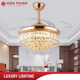 (Bảo hành 5 năm) Quạt trần đèn_đèn quạt trần pha lê giấu cánh, 3 chế độ, có điều khiển HT-8832