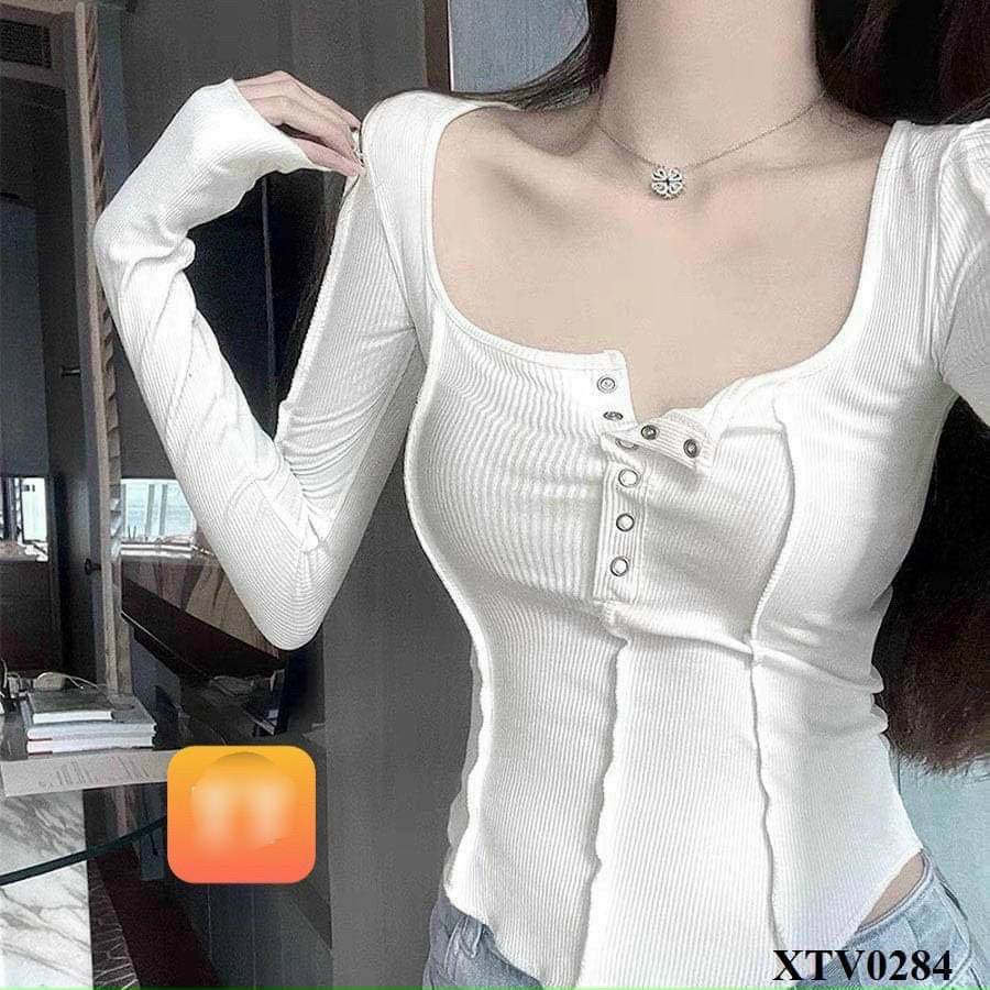 Áo kiểu thun gân tay dài vạt bầu nút bấm cực xinh , chất thun gân mềm mịn co giãn