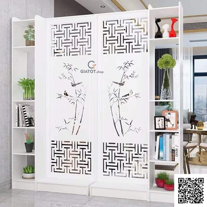 Bộ 2 vách ngăn liền 2 kệ hình cành trúc sang trọng GTS330 bằng gỗ cao cấp CNC chống mối,mọt