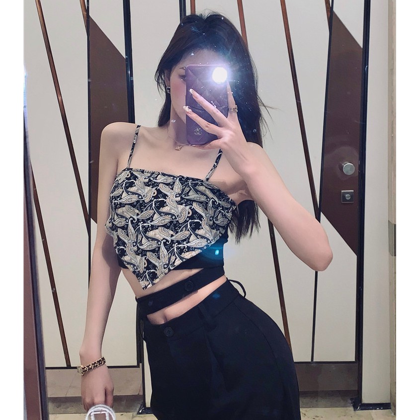 Áo Croptop Sát Nách Hoạ Tiết In Phong Cách Vintage Quyến Rũ