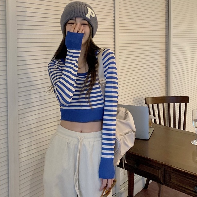 Áo len ZHELIHANGFEI tay dài họa tiết sọc ngang thời trang cho nữ