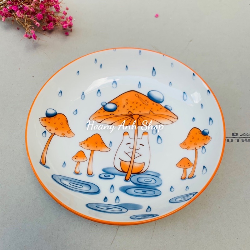 Set 2 Đĩa Sứ Đường Kính 18,5cm / 20cm Họa Tiết Nấm Dễ Thương Có Vân Ngoài - Đồ Sứ Decor Xinh Xắn