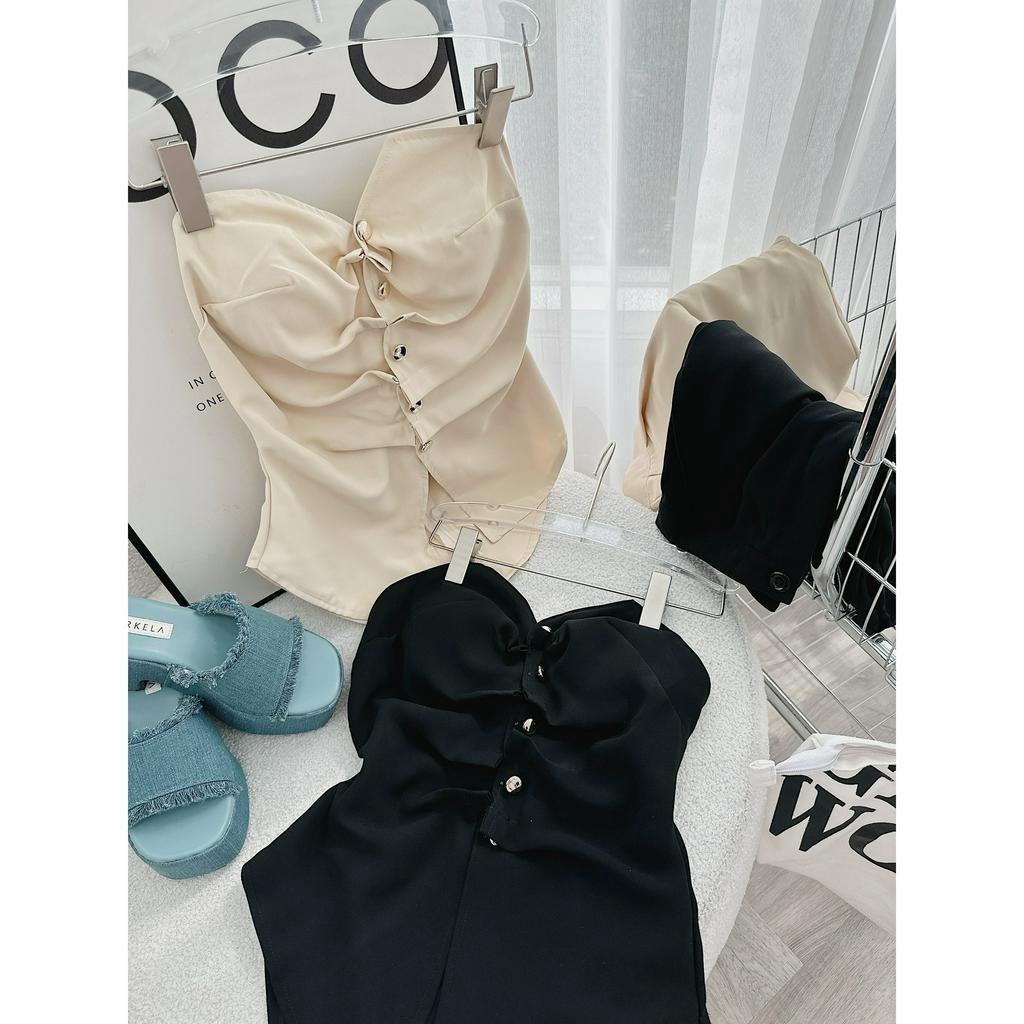 SET ÁO ỐNG NHÚN NÚT XẺ V + QUẦN SUÔNG 2 MÀU (TH)