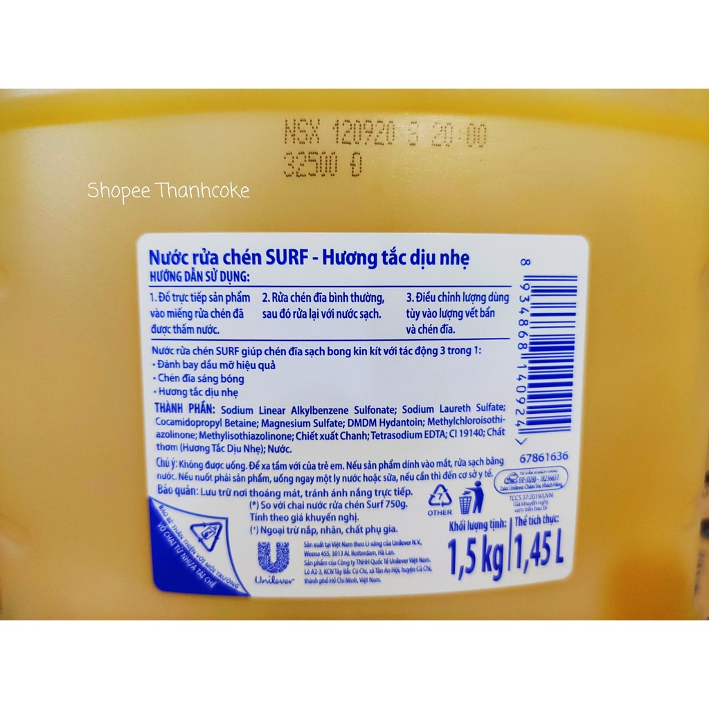 SURF Nước Rửa Chén hương Tắc 1.5 kg Can Nhựa 1.5kg