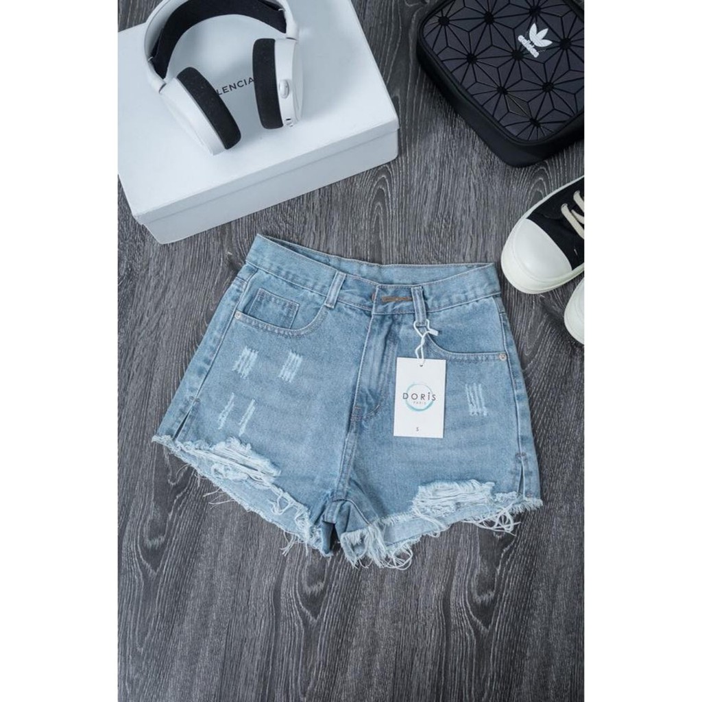 QUẦN SHORT JEAN NỮ RÁCH 2 BÊN CÀO TƯA XANH NHẠT GG02