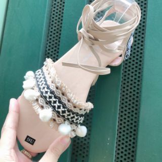 Giày sandal thổ cẩm cột dây màu da (hình thật)