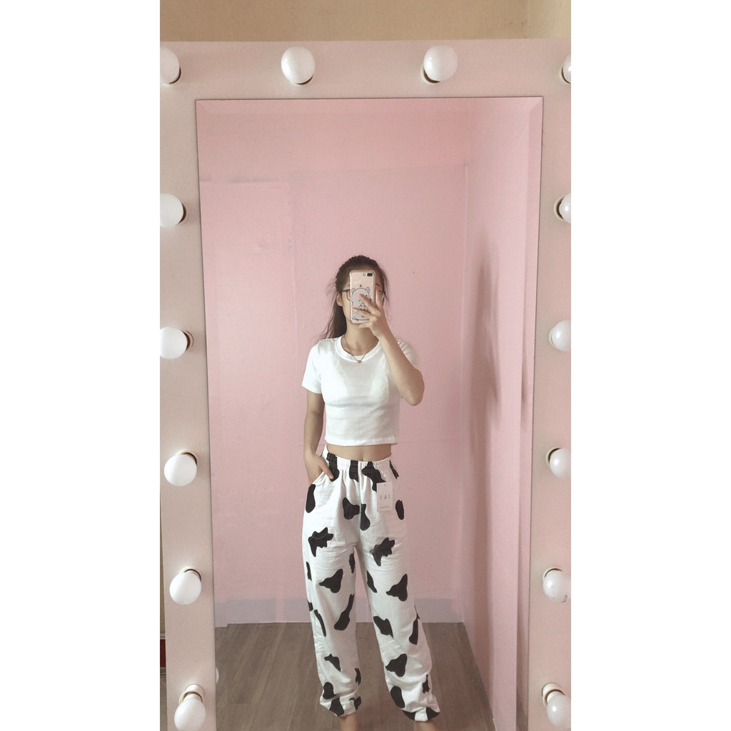 Quần suông ulzzang kiểu jogger loang bò sữa lưng thun bo gấu/ Quần ống rộng nam nữ thời trang hàn quốc_kudoshop