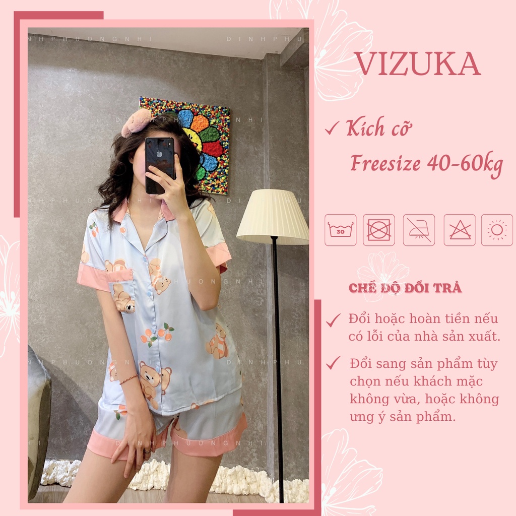 Đồ bộ nữ pijama lụa mặc nhà dễ thương tay ngắn quần đùi VIZUKA