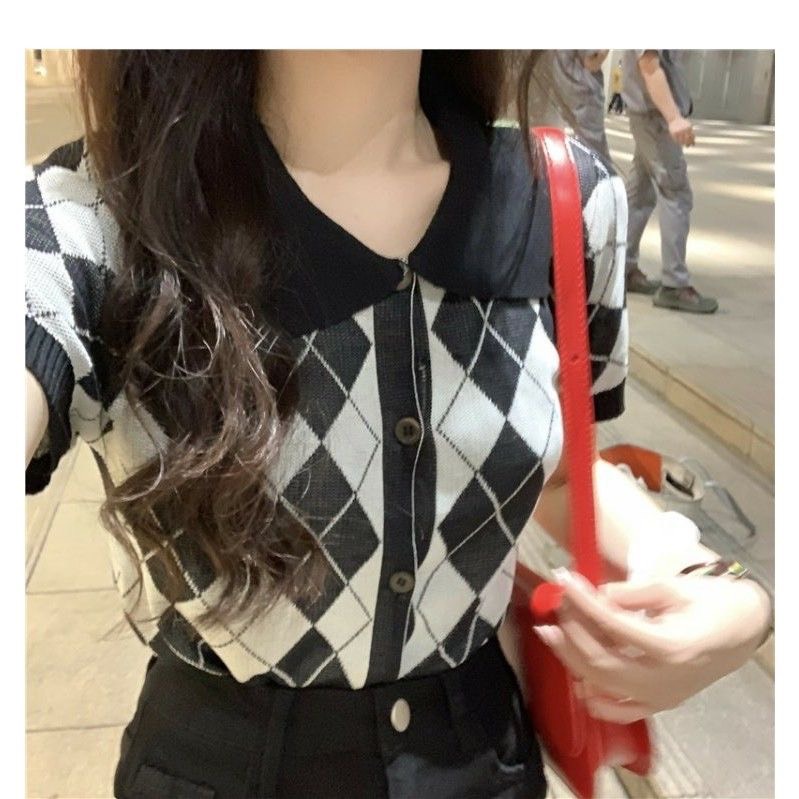 Áo polo kẻ caro đen trắng phối màu vintage Hàn Quốc | BigBuy360 - bigbuy360.vn