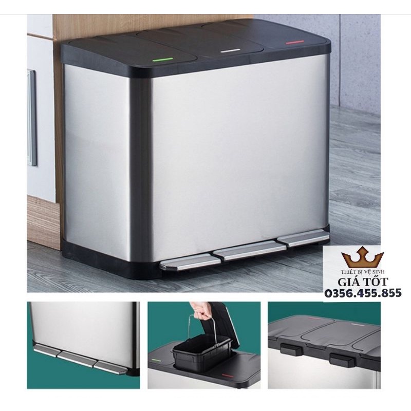 Thùng rác inox 3 ngăn đạp chân - hàng chất lượng