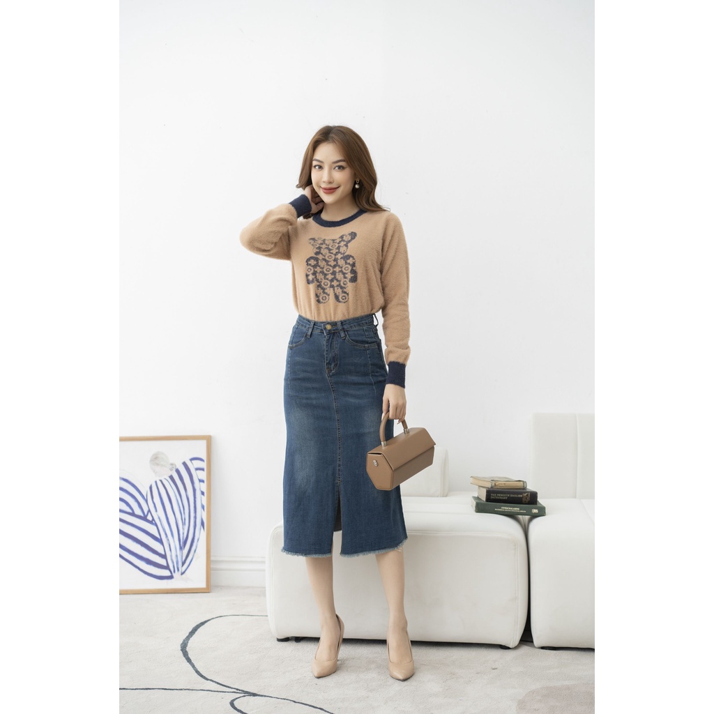 Áo len nữ cổ tròn Fiona, Áo len dệt họa tiết hình gấu xinh xắn mã F852757