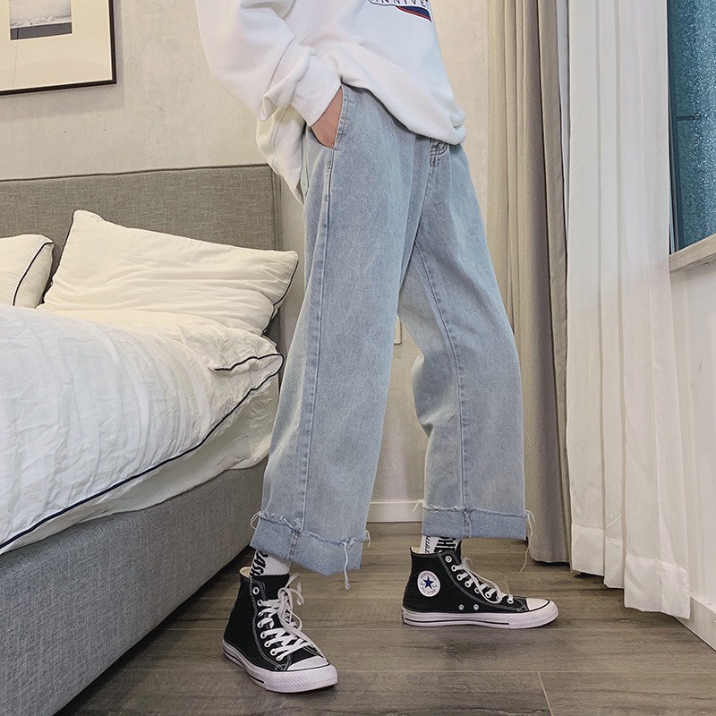 Quần jean baggy xanh unisex, rách gấu ống suông phong cách Hàn Quốc 2021 - BD CLOTHES | BigBuy360 - bigbuy360.vn