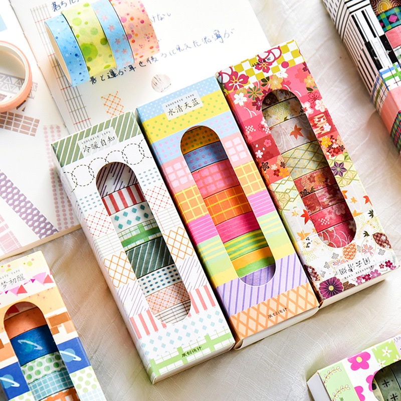 Washi tape hộp 10 cuộn băng dính họa tiết màu cơ bản  trang trí sổ tay butllet journal, album