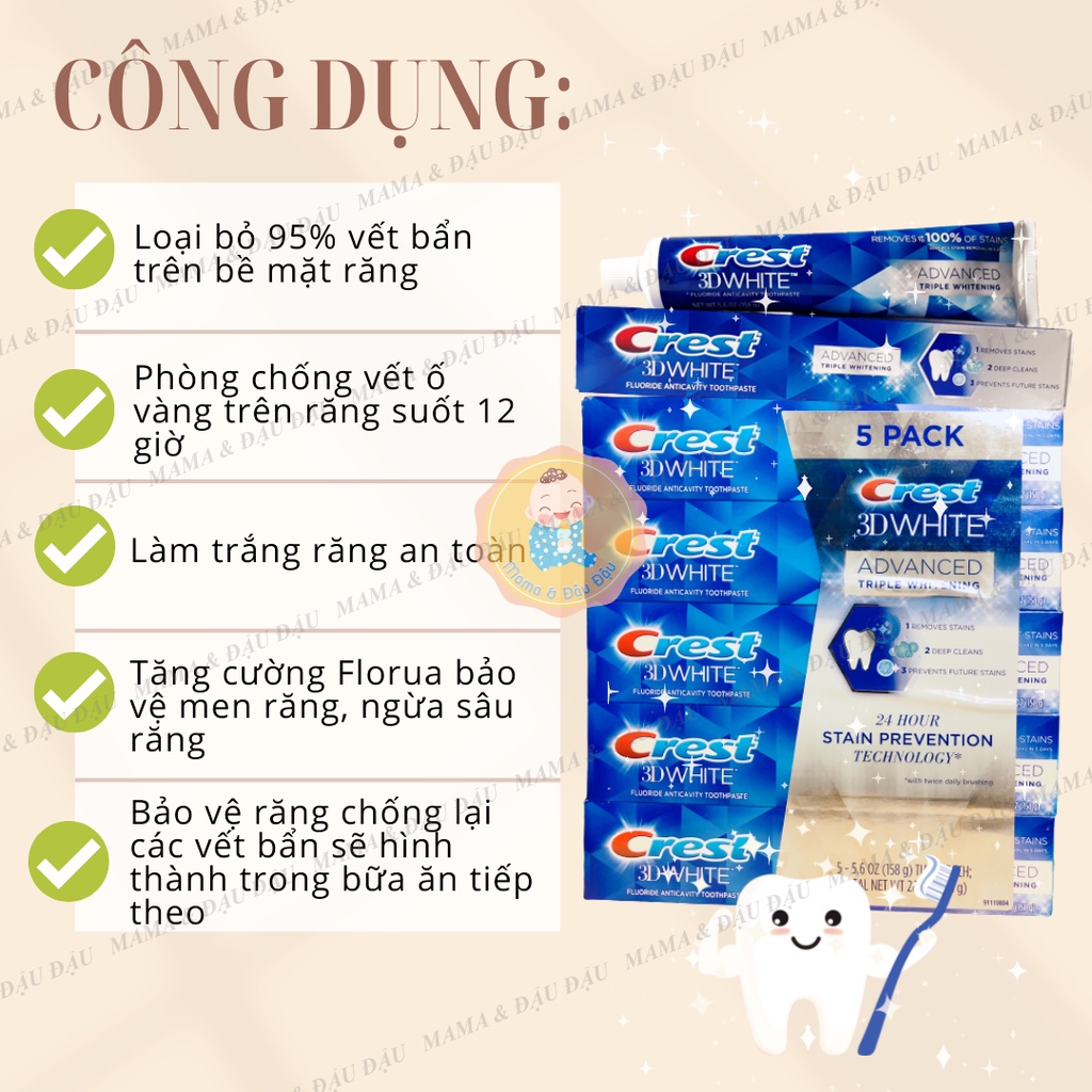 Kem đánh răng CREST 3D WHITE ADVANCED TRIPLE WHITENING trắng răng