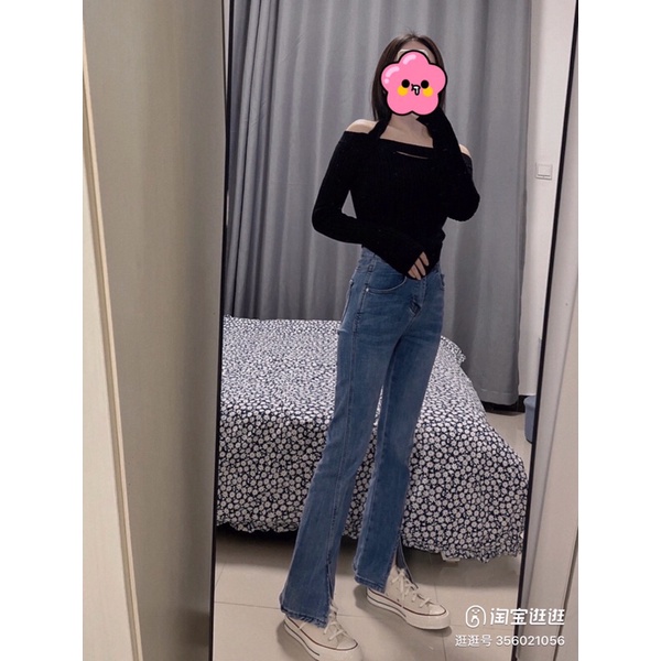 Quần jean ống loe xẻ gấu full cạp cao hách dáng,chất bò co giãn tốt 2 màu đen-xanh