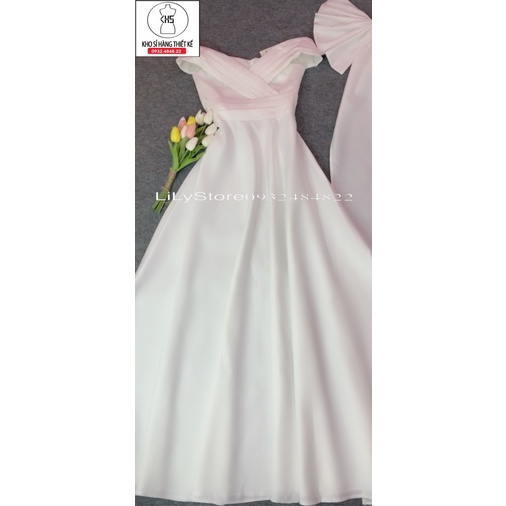 MS1157Y ĐẦM CƯỚI  BẸT VAI XẾP LY KÈM NƠ LƯNG ĐUÔI THƯỚT THA full size S/M/L/XL