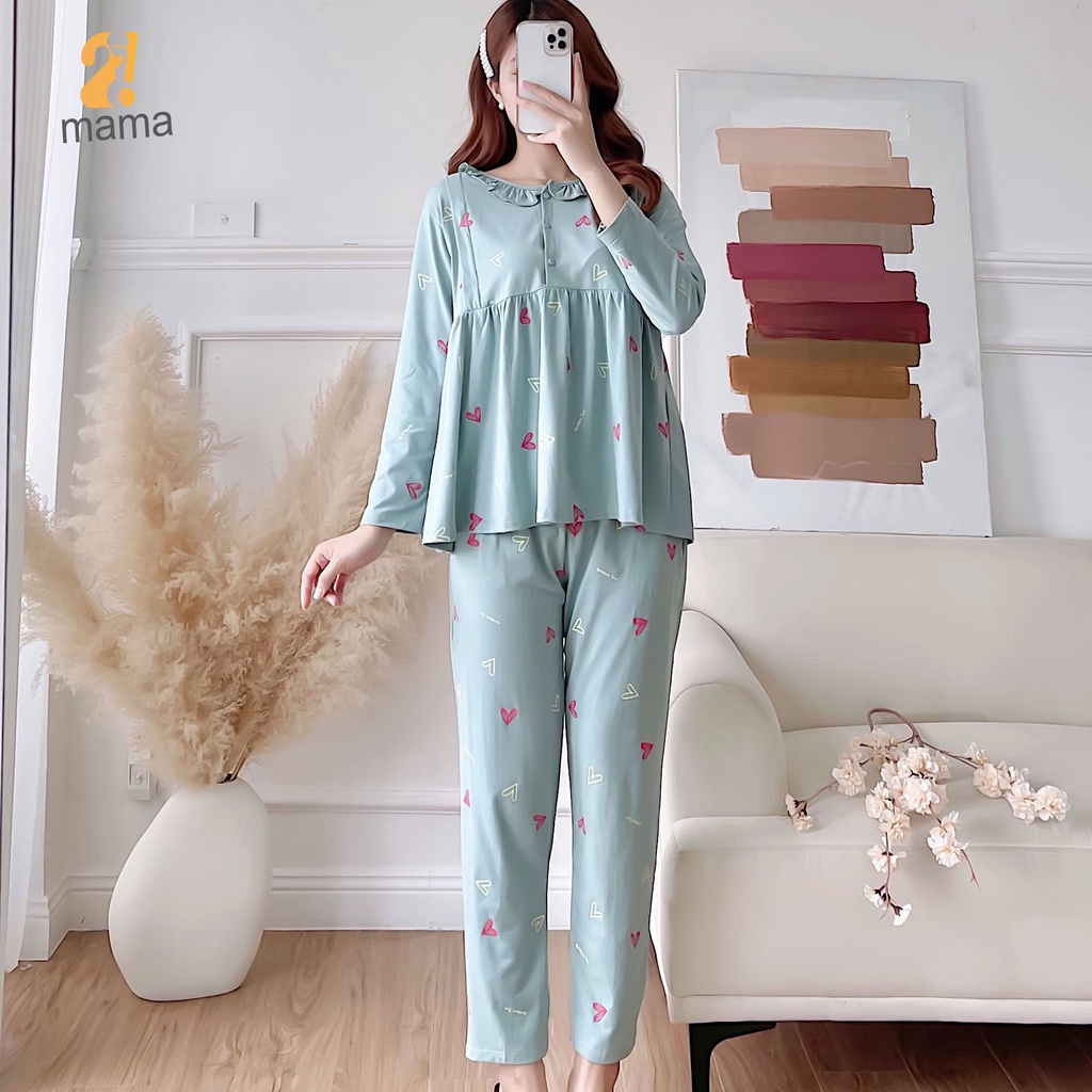 Bộ đồ bầu và sau sinh 2MAMA dài tay, cổ bèo có khóa cho con bú, đồ bầu mặc nhà cotton V003