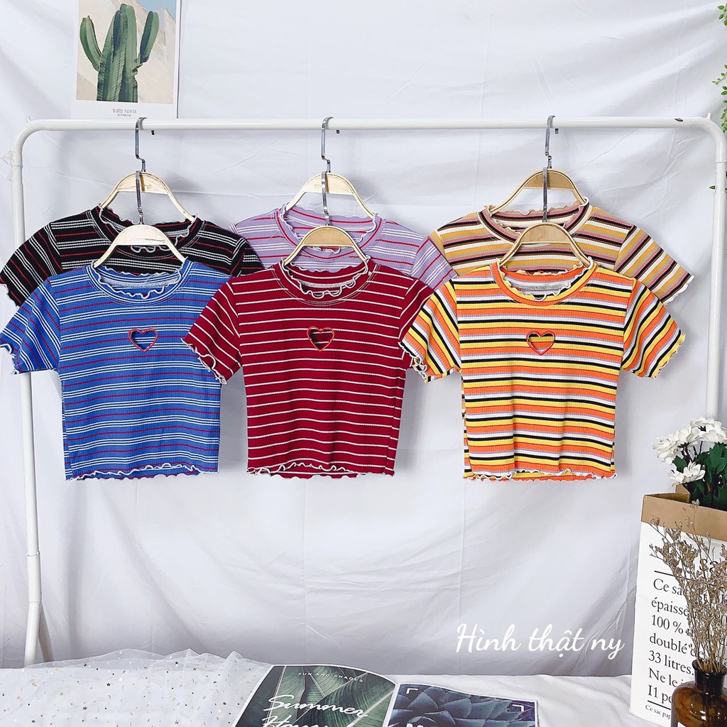 siêu phẩm các màu áo sọc màu cut out tim viền biên siêu cute