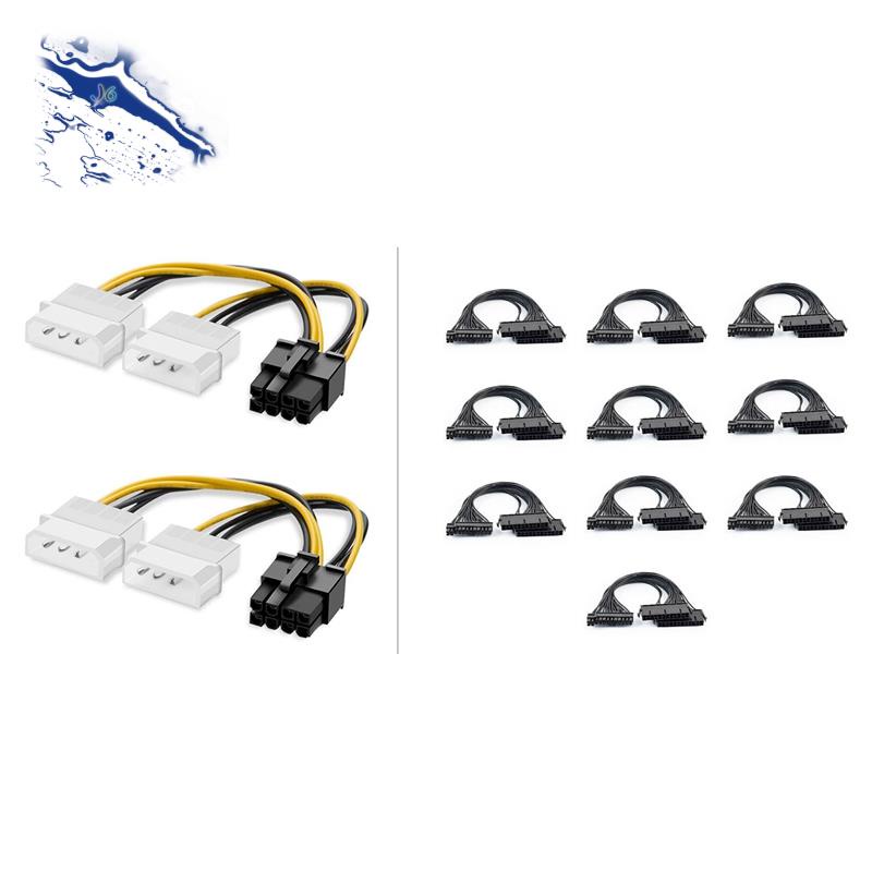 Set 10 dây cáp chuyển đổi nguồn điện 24Pin Dual PSU ATX với 2 pin 8 pin PCIe sang Dual 4 Pin