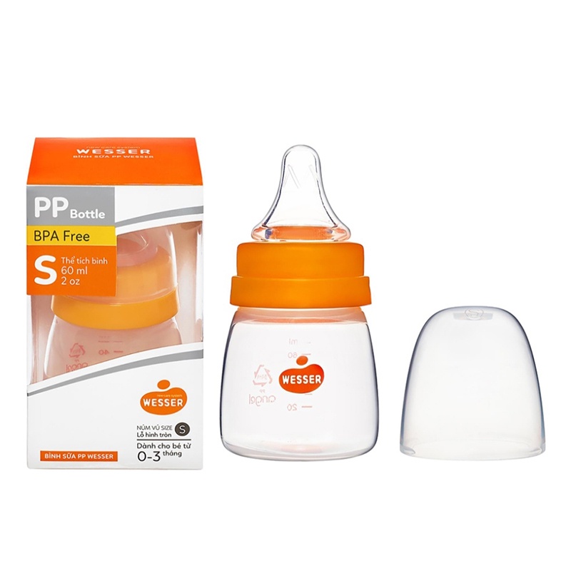 Bình sữa cổ hẹp tặng kèm van chống sặc 60ml PP Wesser