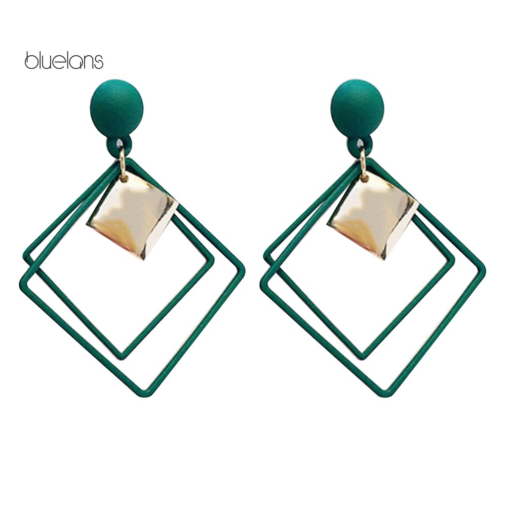 Đèn bluelans bluelans♘Đôi Khuyên Tai Dài Gắn Hạt Hình Vuông Rỗng Thời Trang Cho Nữ