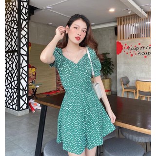 Đầm nhún ngực bẹt vai, jum cổ đắp hoa xanh