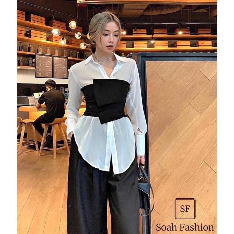 Set Áo Sơ Mi Trắng + Áo Ống Đen (Set Rời) Áo sơ mi lụa nữ tay dài công sở hàn quốc thiết kế, áo ống lưng chun co giãn