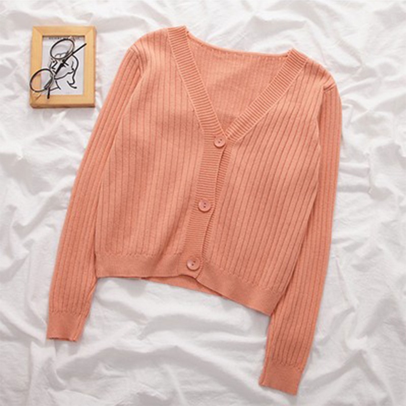Áo Khoác Cardigan Dệt Kim Mỏng Tay Dài Cổ Chữ V Cài Nút Màu Trơn Cho Nữ