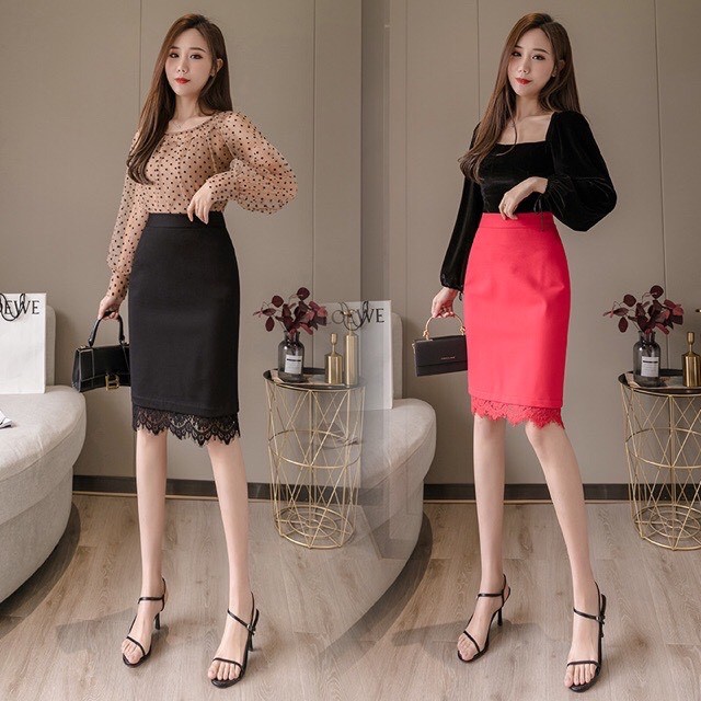Chân váy bút chì nữ phối ren, chân váy công sở vải thun dày co giãn tốt màu đen có size đại
