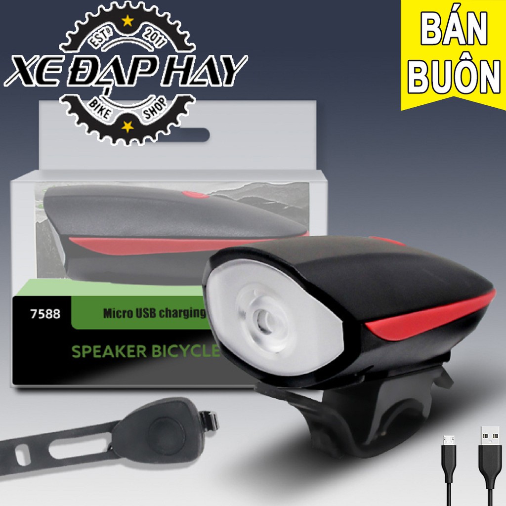 [Bán buôn/ Bán sỉ] Đèn Còi Xe Đạp 7588 | Đèn Sáng 250 Lumens, Còi 120dB | Sạc Pin USB, Chống Nước Mưa