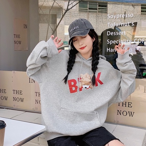 ZHELIHANGFEI Áo Hoodie Tay Dài Form Rộng Họa Tiết Gấu Theo Phong Cách Preppy Dễ Phối Đồ