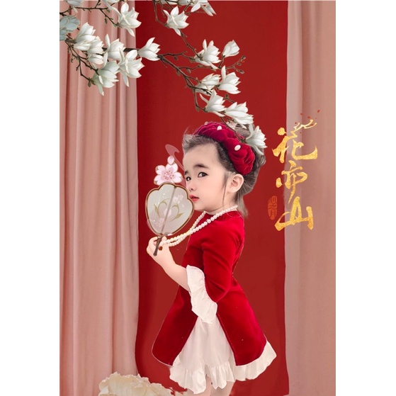 sét áo dài nhung 4 món cho bé ( áo- chân váy- cài tóc và dây chuyền)