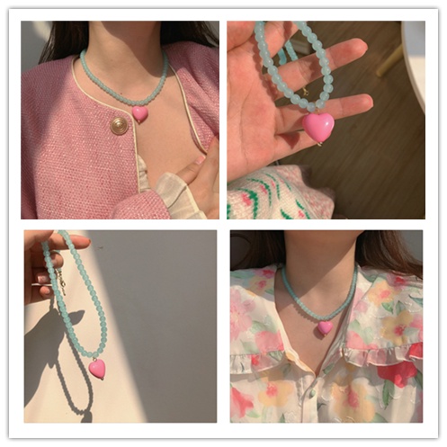 Cod Qipin Vòng cổ Chuỗi Hạt Pha Lê Hồng Bạc Hà Xanh Lam Ngọt Ngào Tinh Tế Không Đối Xứng Phong Cách Hàn Quốc Cho Nữ