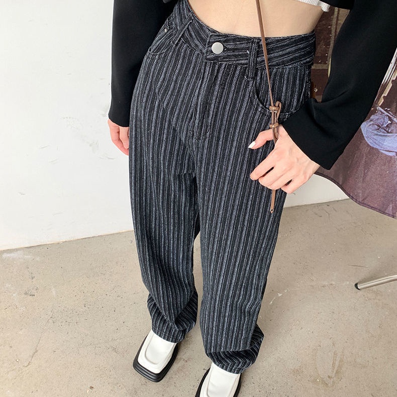 ☏△∏ Quần Jean Ống Rộng Kẻ Sọc Dọc Màu Đen Phong Cách Âu Mỹ Thời Trang Xuân Thu 2022 Cho Nữ