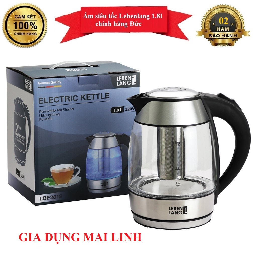 Ấm siêu tốc, ấm đun nước kèm lõi lọc trà dung tích 1.8 lít, bình thủy tinh LEBENLANG từ Đức