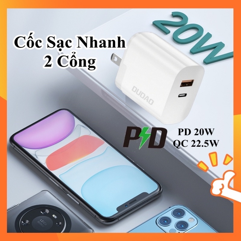 Củ Sạc Nhanh iPhone, iPad 2 cổng PD 20W và QC3.0 22.5W, Sạc nhanh Iphone, Ipad.. 30 phút đầy 60%