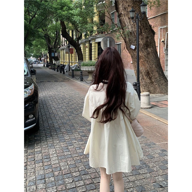 Đầm Tay Phồng Dài Lưng Cao Dáng Rộng Cột Dây Thời Trang Mùa Thu Phong Cách Pháp Cổ Điển Cho Nữ