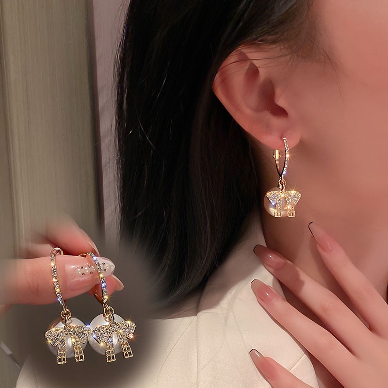 Bông Tai Hình Nơ Đính Ngọc Trai Đơn Giản Hàng Mới Dành Cho Bạn Nữ