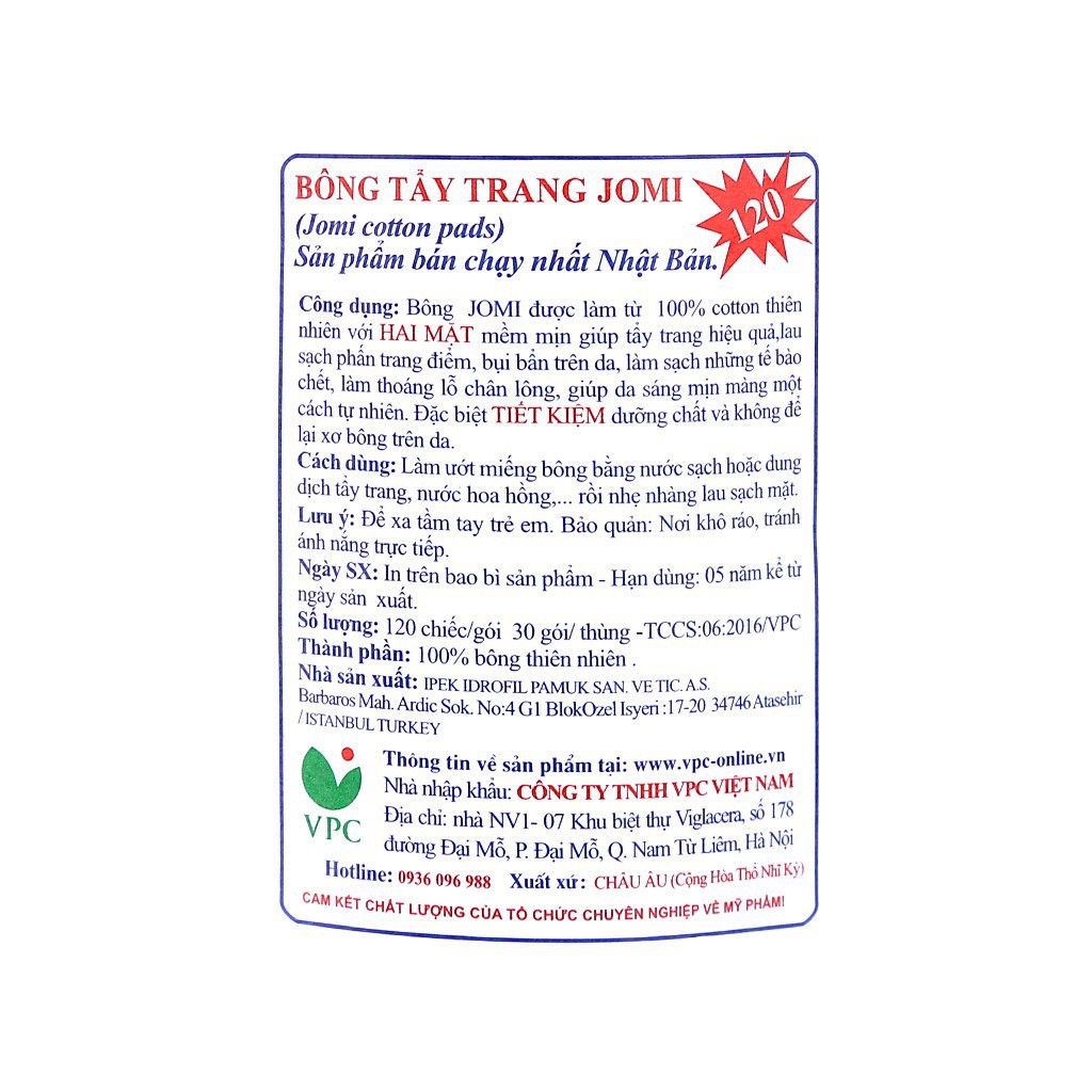 Bông Tẩy Trang Jomi Cotton Pad 100% cotton tự nhiên siêu thấm, siêu mịn, không gây xơ 120 Miếng
