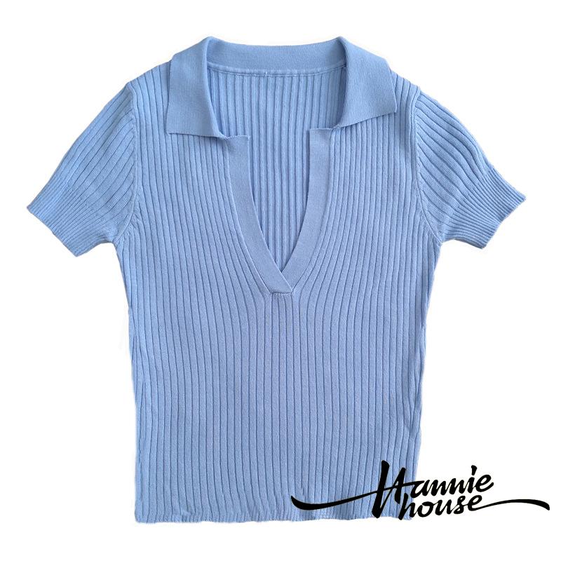 Áo Croptop Dệt Kim Tay Ngắn Thiết Kế Cổ Chữ V Nữ Tính