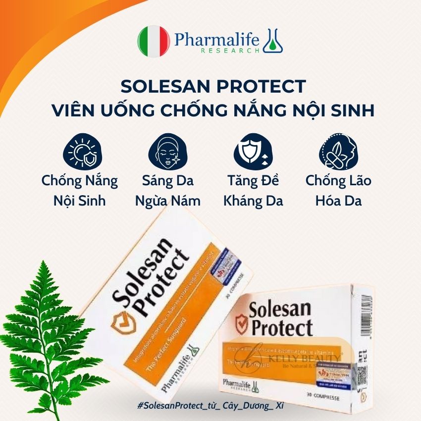 Viên Uống Chống Nắng Solesan Protect PHARMALIFE - Chống Nắng Nội Sinh, Làm Sáng Da, Hỗ Trợ Da Nám Sạm | KELLY BEAUTY