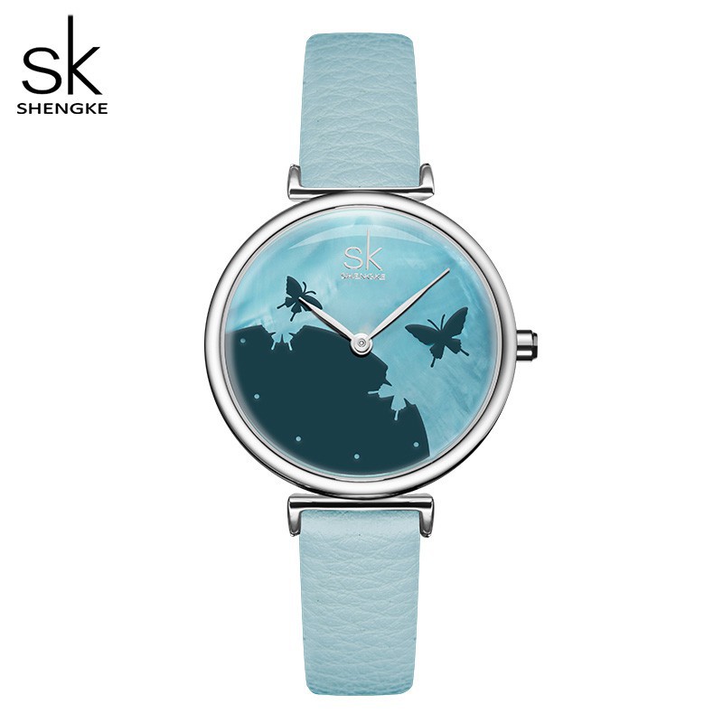 Đồng hồ đeo tay Shengke kết cấu thạch anh chống thấm nước dây đen màu xanh thời trang sang trọng cho nữ