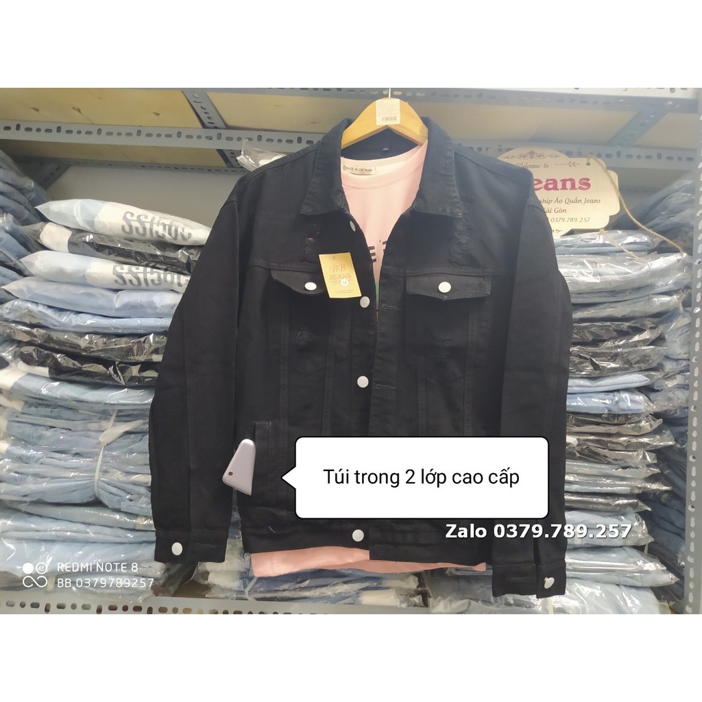 (Sỉ) Áo khoác jean nữ form rộng đen rách - áo khoác jean 2 dây kéo xanh đen cao cấp Chiwawa shop