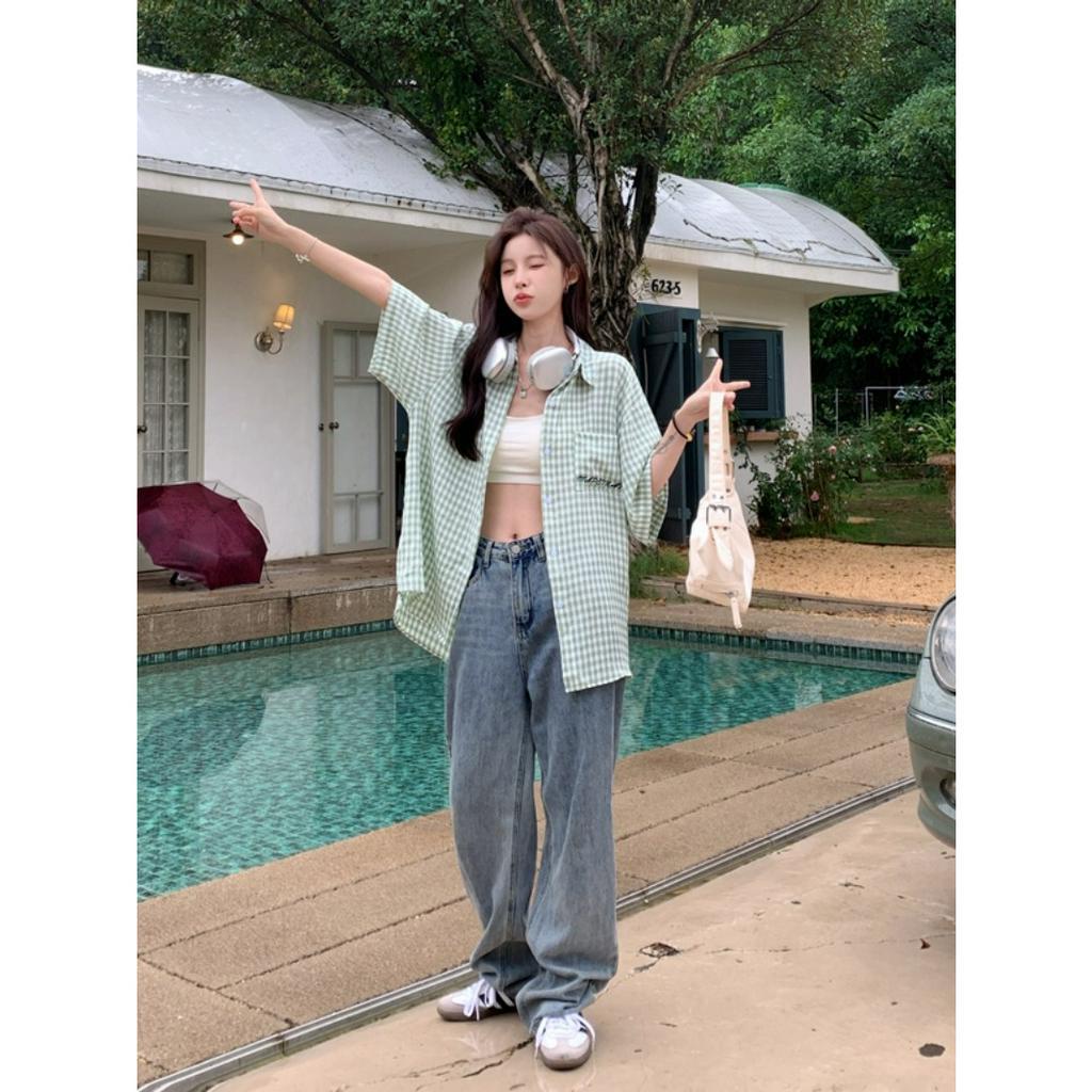 「 WELOVE1 」Áo Sơ Mi Tay Ngắn Dáng Rộng Thêu Chữ Màu Xanh Lá Thời Trang Mùa Hè Mới Dành Cho Bạn Nữ