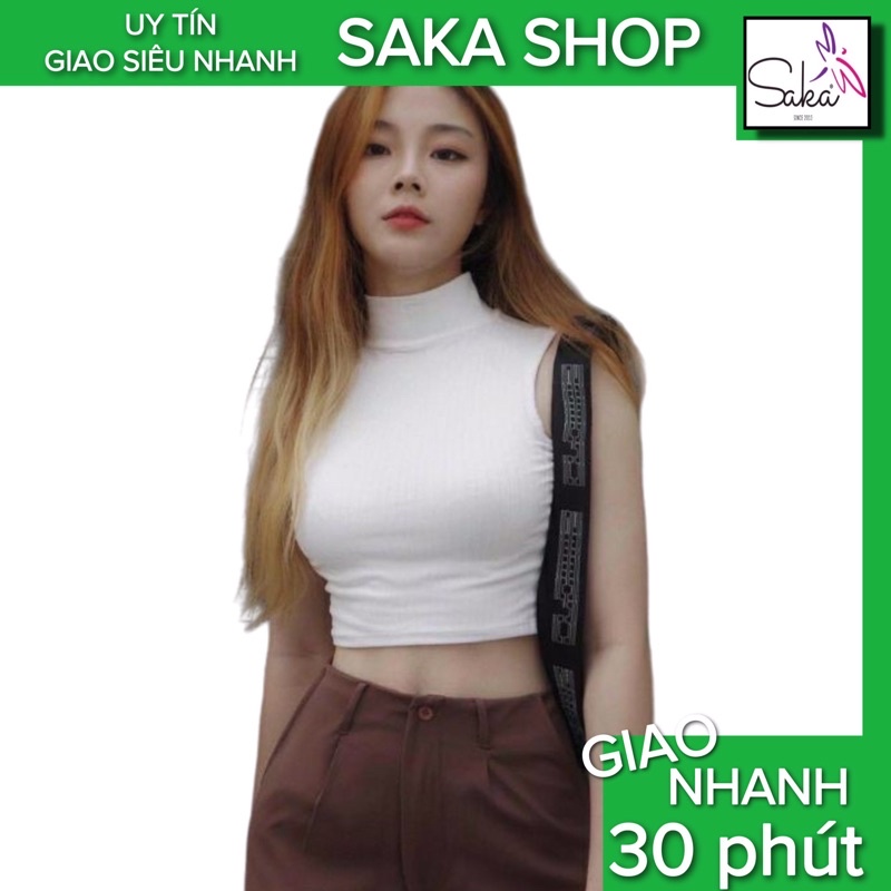 Áo thun croptop sát nách trơn nữ cổ trụ màu đen trắng phong cách ulzzang