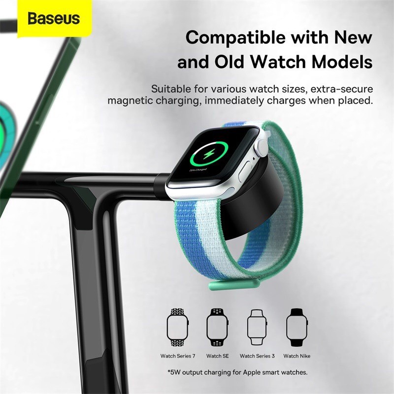 Đế sạc không dây từ tính Baseus Swan 3 in 1 nhanh 20W cho điện thoại, tai nghe, đồng hồ có thể điều chỉnh góc đế sạc.